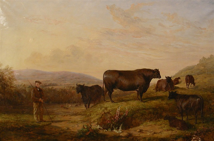 Nineteenth-century painting of a herdsman and Aberdeen Angus cattle in a Scottish landscape.